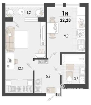 1-к квартира, вторичка, 32м2, 2/15 этаж