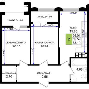 2-к квартира, вторичка, 63м2, 4/8 этаж