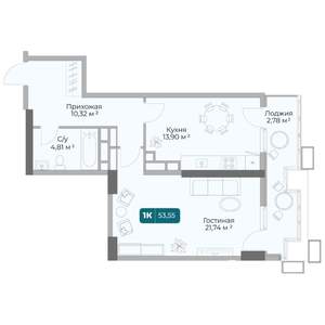 1-к квартира, вторичка, 54м2, 6/17 этаж