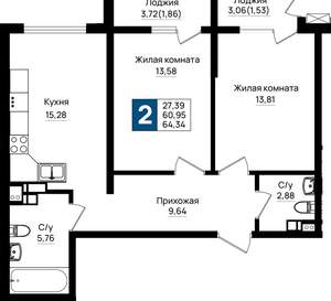 2-к квартира, вторичка, 64м2, 2/9 этаж