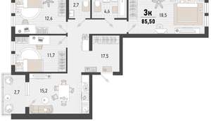 3-к квартира, вторичка, 83м2, 8/15 этаж