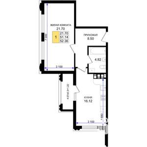 1-к квартира, строящийся дом, 52м2, 3/8 этаж