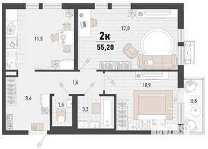 2-к квартира, строящийся дом, 54м2, 23/24 этаж