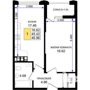 1-к квартира, строящийся дом, 47м2, 5/8 этаж