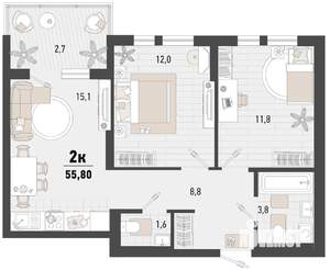 2-к квартира, строящийся дом, 53м2, 3/15 этаж