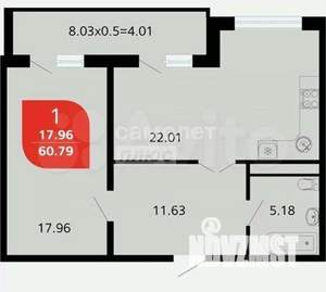 1-к квартира, сданный дом, 61м2, 4/16 этаж