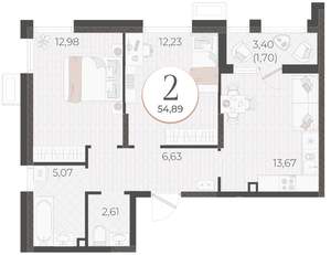 2-к квартира, вторичка, 55м2, 2/9 этаж