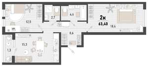 2-к квартира, строящийся дом, 63м2, 13/15 этаж