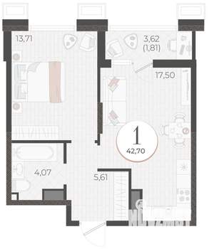 1-к квартира, вторичка, 43м2, 6/9 этаж