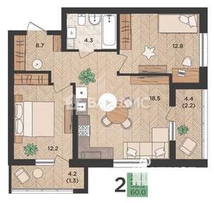 2-к квартира, вторичка, 57м2, 14/24 этаж