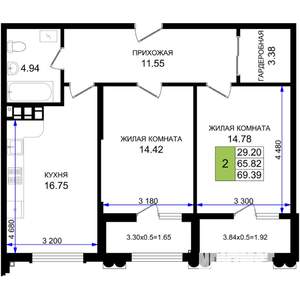 2-к квартира, строящийся дом, 69м2, 4/8 этаж
