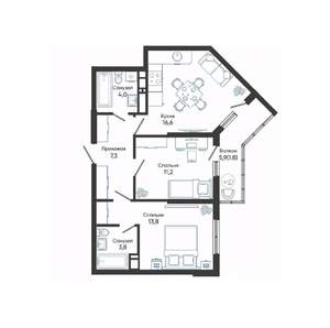 2-к квартира, вторичка, 59м2, 12/21 этаж