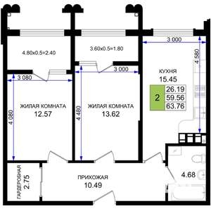 2-к квартира, строящийся дом, 64м2, 6/8 этаж