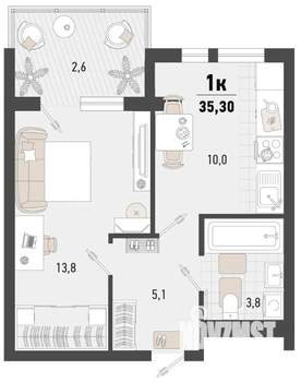 1-к квартира, строящийся дом, 35м2, 10/15 этаж