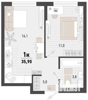1-к квартира, вторичка, 36м2, 12/15 этаж