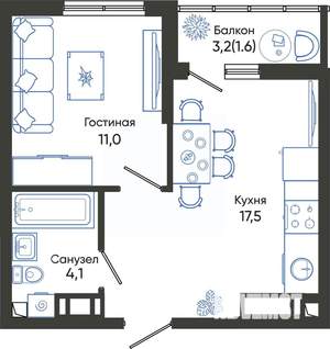 1-к квартира, строящийся дом, 34м2, 7/24 этаж