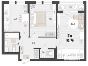 2-к квартира, строящийся дом, 54м2, 3/15 этаж