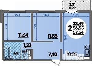 2-к квартира, строящийся дом, 58м2, 8/16 этаж