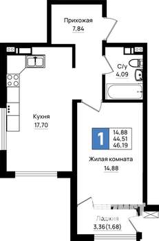 1-к квартира, вторичка, 46м2, 2/18 этаж