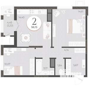 2-к квартира, вторичка, 56м2, 2/18 этаж