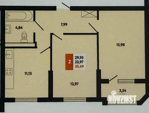 2-к квартира, вторичка, 56м2, 23/25 этаж