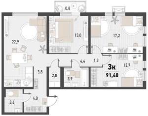 3-к квартира, строящийся дом, 91м2, 5/24 этаж