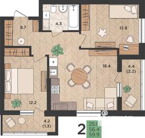 2-к квартира, вторичка, 60м2, 19/24 этаж