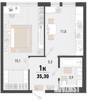 1-к квартира, строящийся дом, 35м2, 9/24 этаж