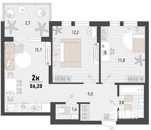 2-к квартира, вторичка, 56м2, 10/15 этаж