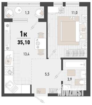 1-к квартира, строящийся дом, 34м2, 6/24 этаж