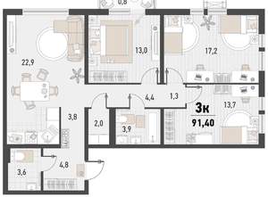 3-к квартира, вторичка, 91м2, 24/24 этаж