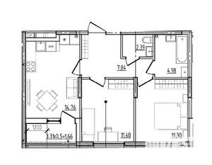 2-к квартира, вторичка, 54м2, 1/9 этаж