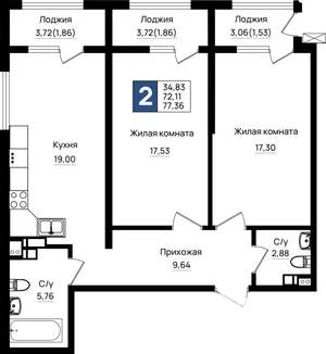 2-к квартира, вторичка, 77м2, 7/9 этаж