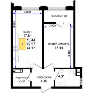 1-к квартира, вторичка, 44м2, 2/8 этаж