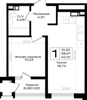 1-к квартира, вторичка, 40м2, 8/9 этаж