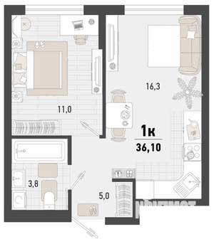 1-к квартира, строящийся дом, 36м2, 1/15 этаж