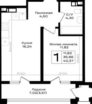 1-к квартира, вторичка, 40м2, 4/9 этаж