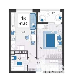 1-к квартира, сданный дом, 42м2, 5/20 этаж