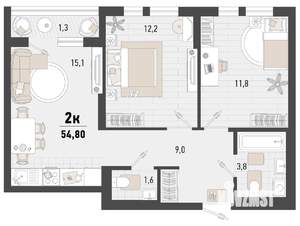 2-к квартира, строящийся дом, 55м2, 15/15 этаж