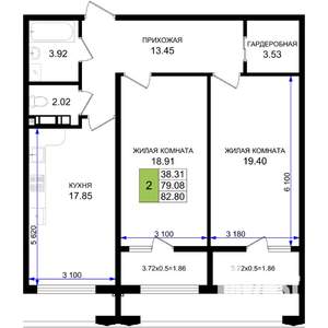 2-к квартира, вторичка, 83м2, 2/8 этаж