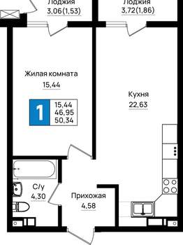 1-к квартира, вторичка, 50м2, 7/9 этаж