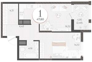 1-к квартира, вторичка, 48м2, 16/18 этаж