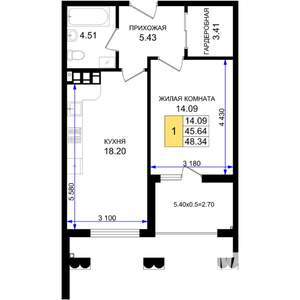 1-к квартира, строящийся дом, 48м2, 2/8 этаж