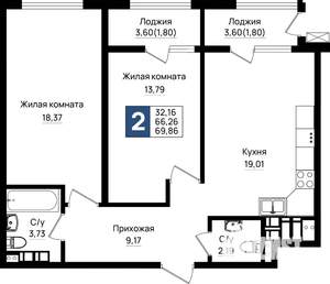 2-к квартира, вторичка, 70м2, 12/18 этаж
