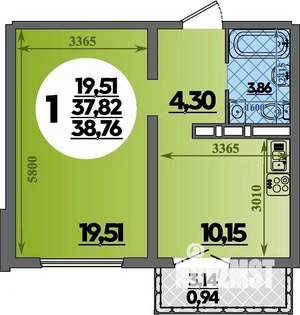 1-к квартира, строящийся дом, 39м2, 6/16 этаж