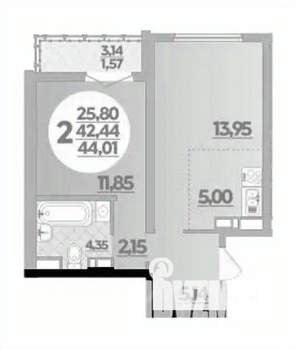 2-к квартира, вторичка, 44м2, 3/16 этаж