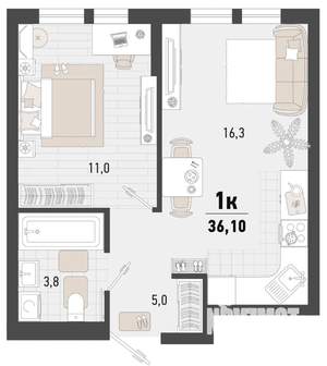 1-к квартира, вторичка, 36м2, 2/15 этаж