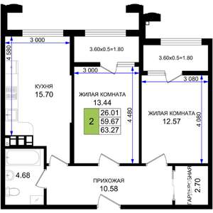 2-к квартира, строящийся дом, 63м2, 6/8 этаж