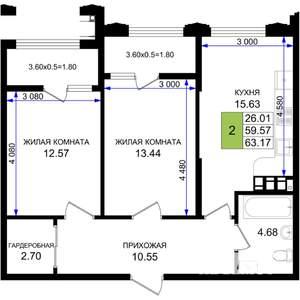 2-к квартира, строящийся дом, 63м2, 7/8 этаж