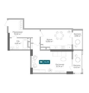 1-к квартира, вторичка, 54м2, 1/17 этаж